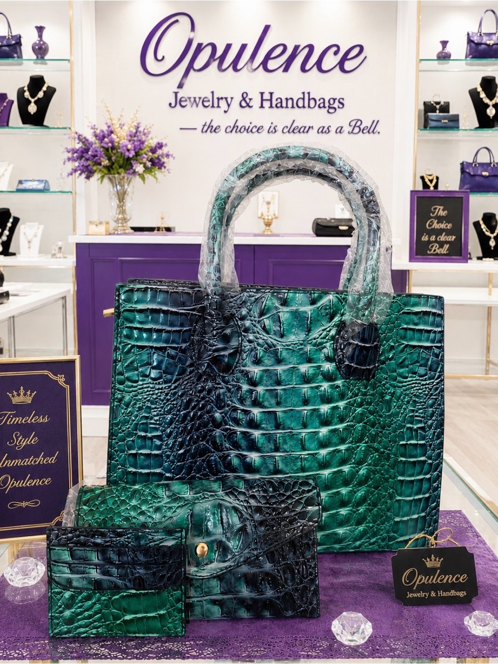 Emerald Green Croc-Embossed Leather Tote with Wallet